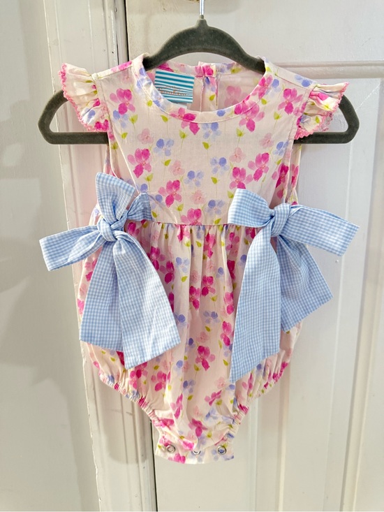 Southern Sunshine Kids Other - Southern Sunshine Pink Floral Bow Romper with Blue Gingham Bows